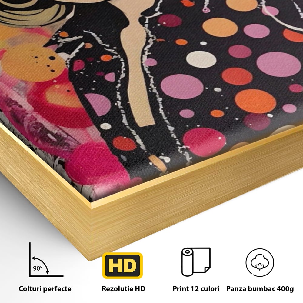 Detaliu al suprafetei: tablou canvas cu portret pop art, in rama de aluminiu auriu